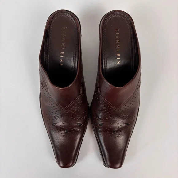 Gianni Bini Leather Mules Western Snip Toe Chunky Heel Slip On Boot Brown Sz 6.5 - Picture 5 of 16
